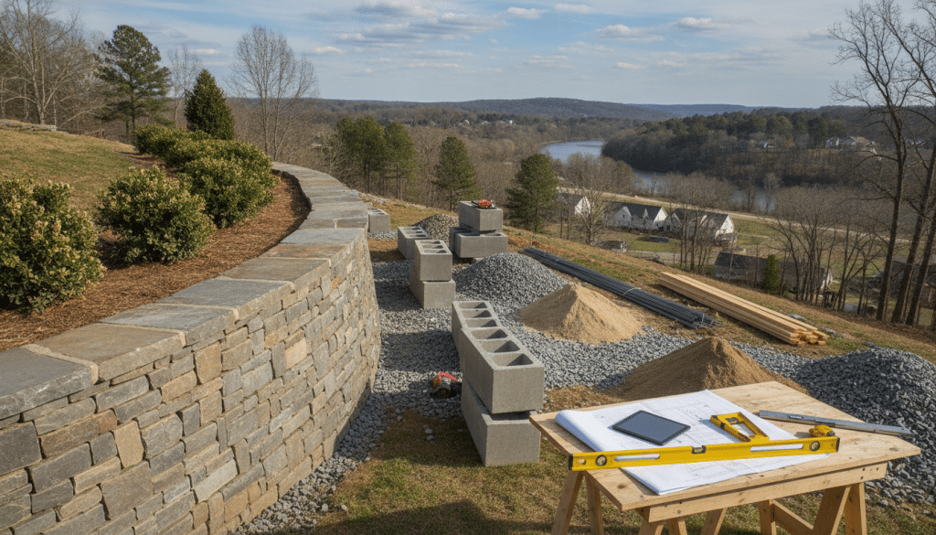 A detailed and informative scene depicting various factors influencing the cost of retaining walls in Knoxville, TN. In the foreground, a modern retaining wall built from natural stone is showcased, illustrating its textures and structural integrity. The middle ground features construction materials such as concrete blocks, rebar, and gravel, alongside tools like a level and a measuring tape, signifying the planning and calculations involved. In the background, a lush Knoxville landscape with gently sloping hills is visible, under a bright blue sky with soft, fluffy clouds. The scene is illuminated by natural sunlight, casting gentle shadows that enhance the textures of the materials. The overall mood is professional and educational, aiming to engage viewers with realistic details that convey the complexity of retaining wall costs.