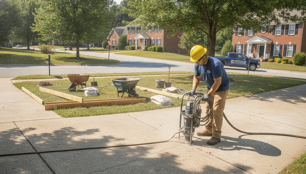 A detailed image of a concrete leveling project in Knoxville, TN. In the foreground, a construction worker in a hard hat and professional attire operates a concrete leveling machine, leveling a concrete slab on a driveway. The middle ground features various tools and equipment, such as leveling boards and a concrete mixer, indicating an active worksite environment. In the background, a suburban neighborhood typical of Knoxville, with brick homes and green trees, highlights the location. The lighting is bright and clear, suggesting a sunny day, enhancing the visibility of the textures in the concrete and surroundings. The angle is slightly elevated to capture both the close-up of the worker and the broader context of the neighborhood, projecting a sense of professionalism and diligence in home improvement.