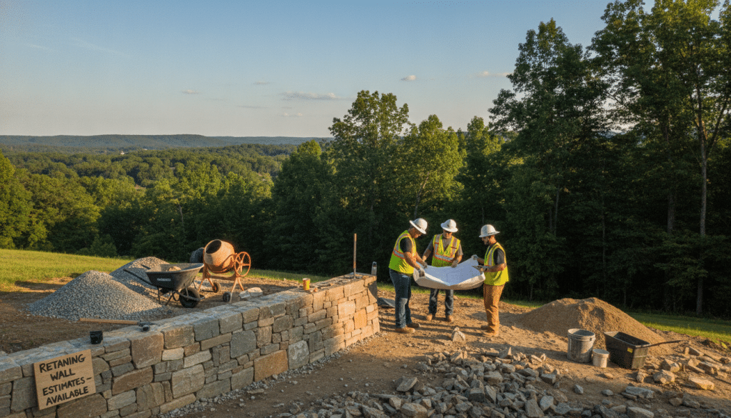 A detailed image of a realistic retaining wall installation site in Knoxville, TN. In the foreground, showcase a well-constructed, stone retaining wall with textured surface and varied rock colors, reflecting the local geology. Include tools and materials like a cement mixer and gravel piles. In the middle ground, depict construction workers in professional attire, discussing plans and measuring dimensions, emphasizing teamwork and professionalism. The background should feature a lush, green landscape characteristic of Knoxville, with trees and a blue sky, bathed in warm afternoon sunlight. Use a slightly elevated, wide-angle perspective to capture the scene crisply, creating an inviting and informative atmosphere that illustrates the topic of retaining wall pricing.