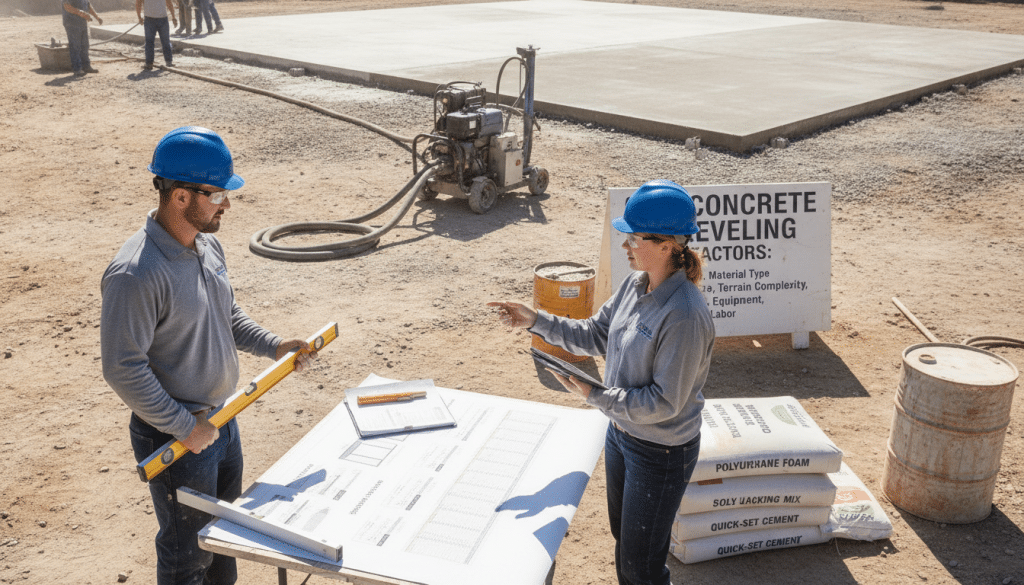 A detailed visual representation of concrete leveling price factors, featuring a well-organized construction site. In the foreground, show a contractor in professional attire examining a leveling tool and discussing with a colleague about material costs and terrain assessment. The middle ground should depict various materials used for concrete leveling, such as a pile of concrete mix bags and leveling equipment like pumps and hoses. In the background, illustrate a partially leveled concrete slab under a bright, sunny sky, indicating a productive work atmosphere. Use natural lighting to highlight textures and details, capturing the essence of construction work. The overall mood should be informative and professional, emphasizing the factors that influence the cost of concrete leveling services.