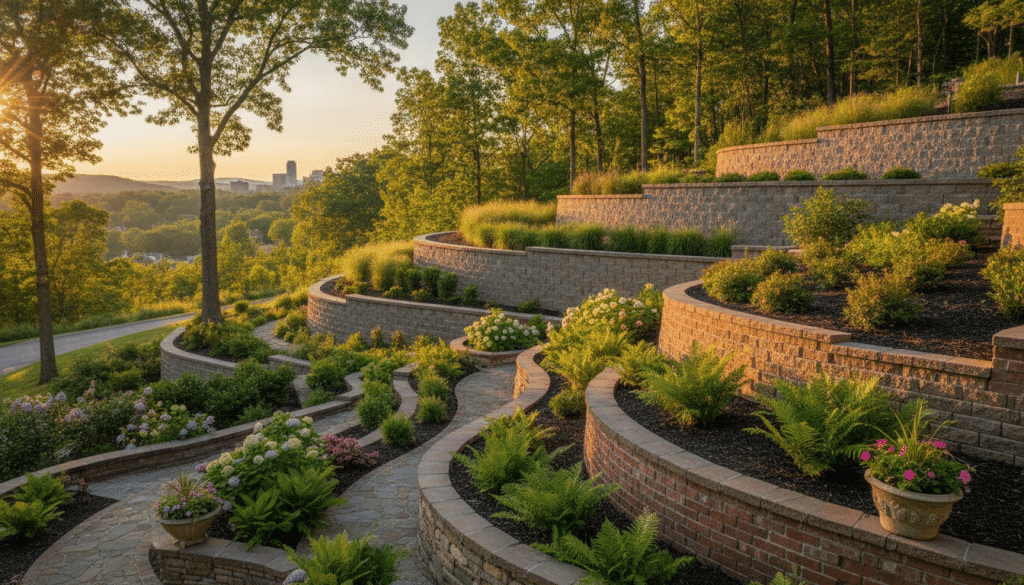 A picturesque scene depicting various retaining walls in Knoxville, Tennessee, arranged by project size. In the foreground, showcase small residential retaining walls made of natural stone and bricks, tastefully designed with green plants and landscaping. In the middle ground, feature medium-sized walls made from reinforced concrete, illustrating durability, flanked by lush gardens. In the background, display large commercial retaining walls, showcasing sturdy construction techniques, such as terracing, alongside tall trees. Capture the scene during golden hour, with warm sunlight casting long shadows and creating a serene atmosphere. The angle should be slightly elevated, giving a clear view of the project sizes and natural surroundings, evoking a mood of stability and beauty in landscaping.