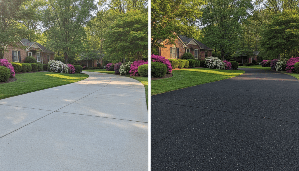 A split-image scene showcasing a concrete driveway on one side and an asphalt driveway on the other, set in a suburban neighborhood in Knoxville. The foreground features a close-up of both driveways, allowing for a detailed view of the textures: the smooth finish of the concrete contrasts with the slightly rougher surface of the asphalt. In the middle ground, a well-tended lawn with flowering shrubs enhances the atmosphere of a sunny day. In the background, charming Knoxville homes peek through, framed by trees with vibrant green leaves. Soft, natural sunlight casts gentle shadows, creating a warm and inviting mood. The angle is slightly elevated, allowing a comprehensive comparison of the two surfaces without any people or distractions.
