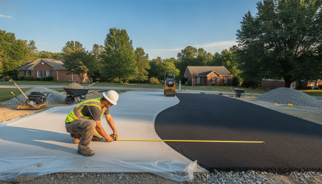 A well-organized, partially completed driveway installation scene in Knoxville, showcasing both concrete and asphalt sections blending together. In the foreground, a construction worker in professional attire, wearing a hard hat, uses a measuring tape to assess the site. The middle ground features piles of gravel and tools strategically placed around the area, illustrating site preparation. In the background, a suburban neighborhood with trees and houses typical of Knoxville reflects a clear blue sky, and warm, natural sunlight bathes the scene, creating an inviting atmosphere. Capture the angle from slightly above the driveway, emphasizing the layout and preparation process, with sharp focus on the worker and blended driveway materials.