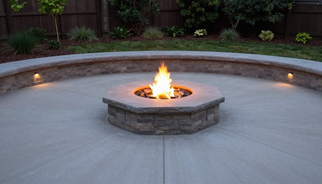Concrete patio with a planned fire pit and wide access step